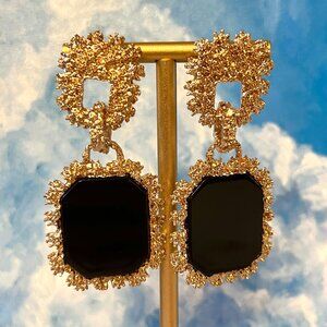 Large Costume Earrings - Gold/Black Chandelier Earrings with Ornate Metalwork